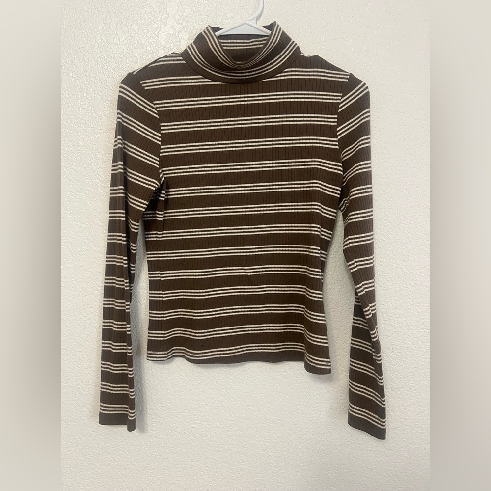 Maeve by Anthropologie Brown and Cream Striped Long Sleeve Top S